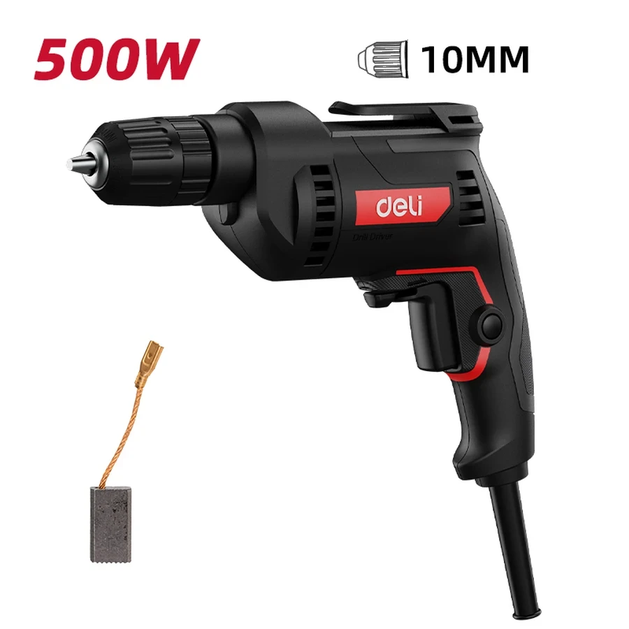 EDE-DZ10-1E Electric Drill 500W - 10mm Keyless Chuck, 0-3300 RPM Stepless Speed Control, Soft Rubberized Handle (Red)