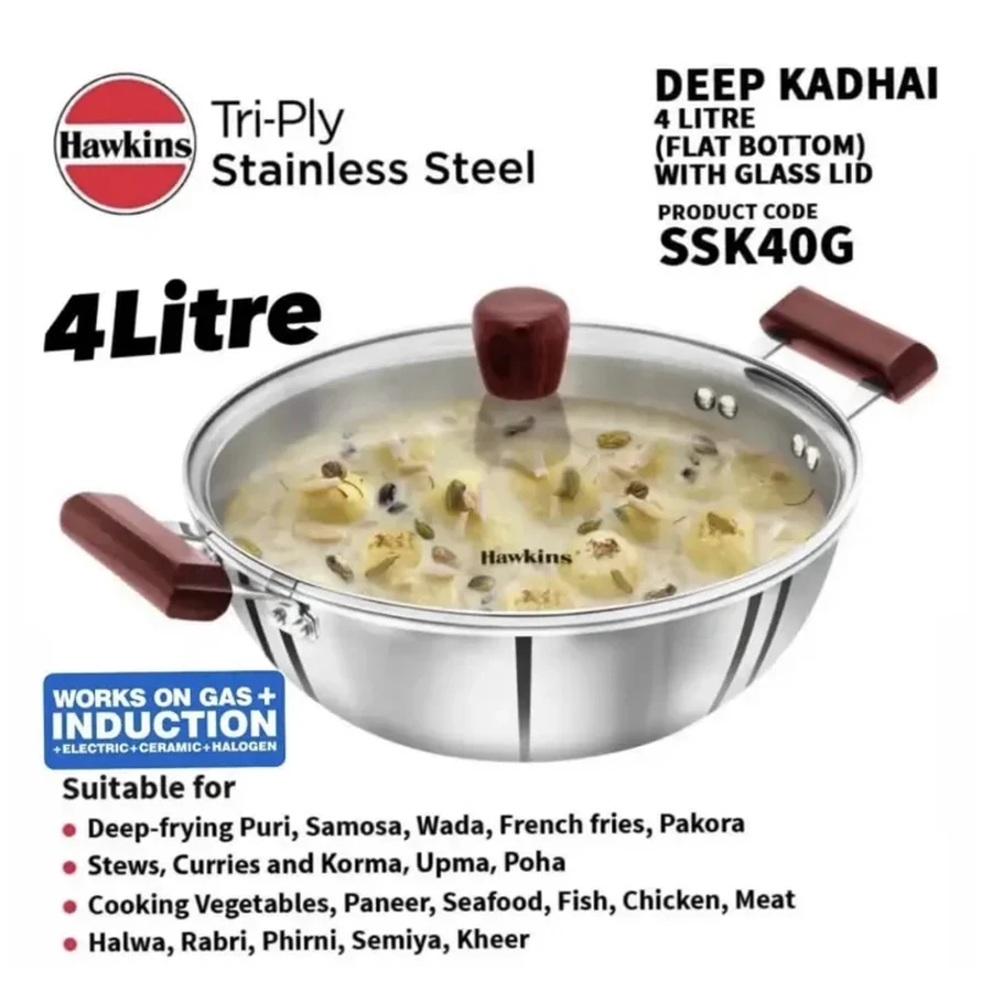 Hawkins SSK40G 4L Tri-Ply Stainless Steel Deep Kadhai | Toughened Glass Lid | Rosewood Handles | Induction & Gas Compatible