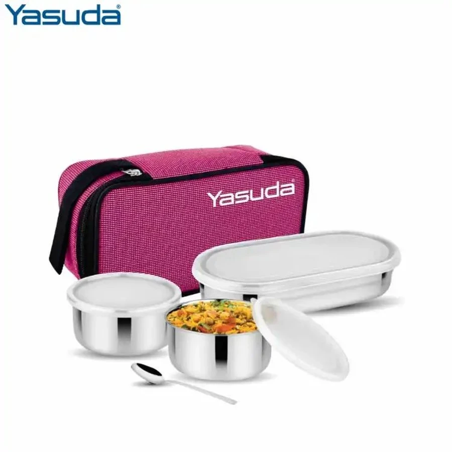 Yasuda YS-TB01 DISNEY Insulated Stainless Steel Lunch Box with Bag | 3 Containers (2 Steel + 1 Plastic) | Airtight & Leak-Proof Tiffin with Spoon & Fork