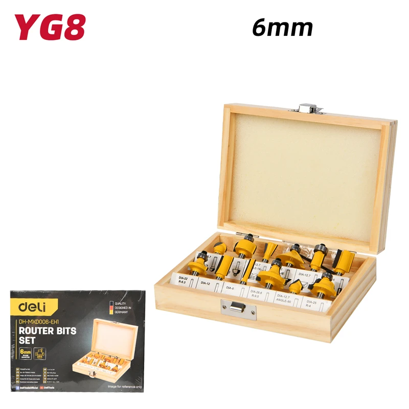 EDH-MXD006-EH1 Router Bits Set (12 Pcs) 6mm Shank - Comprehensive Woodworking Kit with Straight, Round Over, Chamfer, and V-Groove Bits (Yellow)
