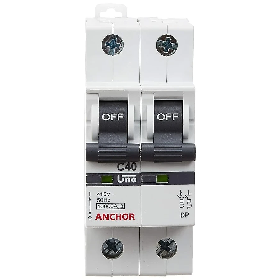 Anchor UNO DP MCB 40A 'C' Curve 98023 - Double Pole, Medium High Current Capacity, Clamp Mount Standard Circuit Breaker