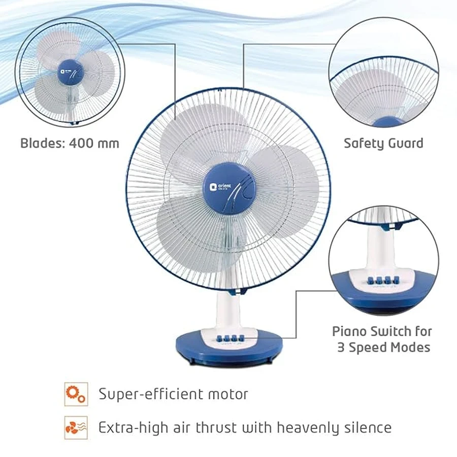 Orient Desk-25 Table Fan 400mm | 53W Energy Efficient Motor | 3-Speed Push Button | Powder Coated | White