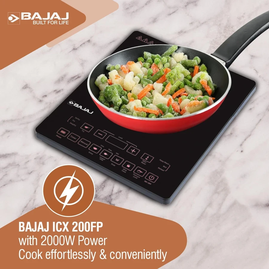Bajaj ICX 200FP Induction Cooker | 2000W High Power | 12 Pre-Set Menus | Touch & Push Button Control | LED Display