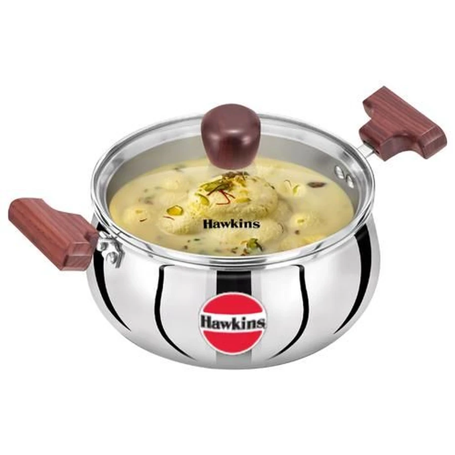 Hawkins SSH20G 2L Tri-Ply Stainless Steel Handi with Glass Lid | 3mm Extra Thick | Rosewood Handles | Induction & Gas Compatible