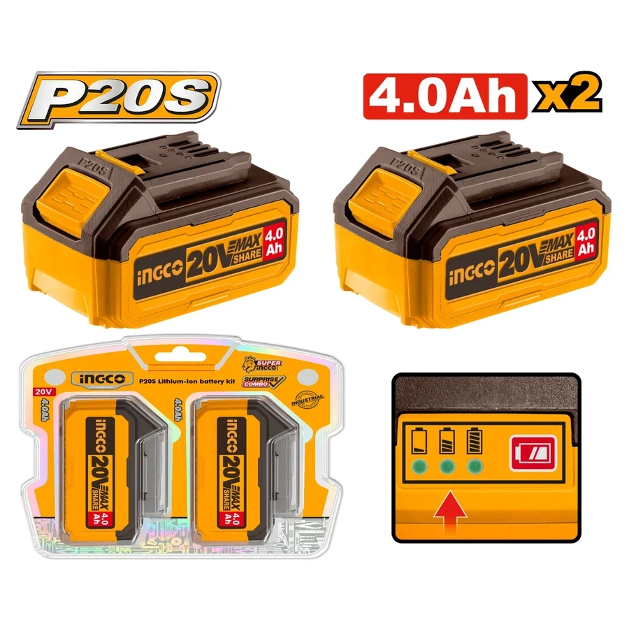 INGCO P20S Lithium-Ion Battery Kit | 2 x 4.0Ah High Capacity | COSLI240312