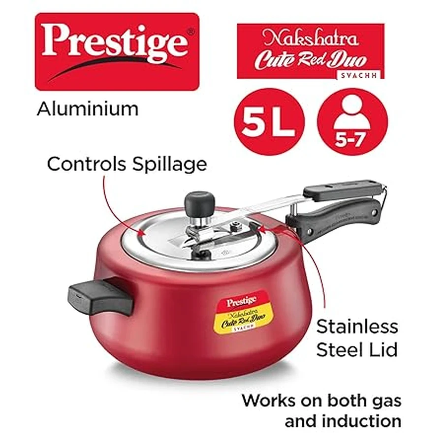Prestige 10766 Nakshatra Svachh Cute Metalic Red Duo 5 LTRS | Unique Spillage Control Deep Lid | Induction & Gas Base | Silky Red