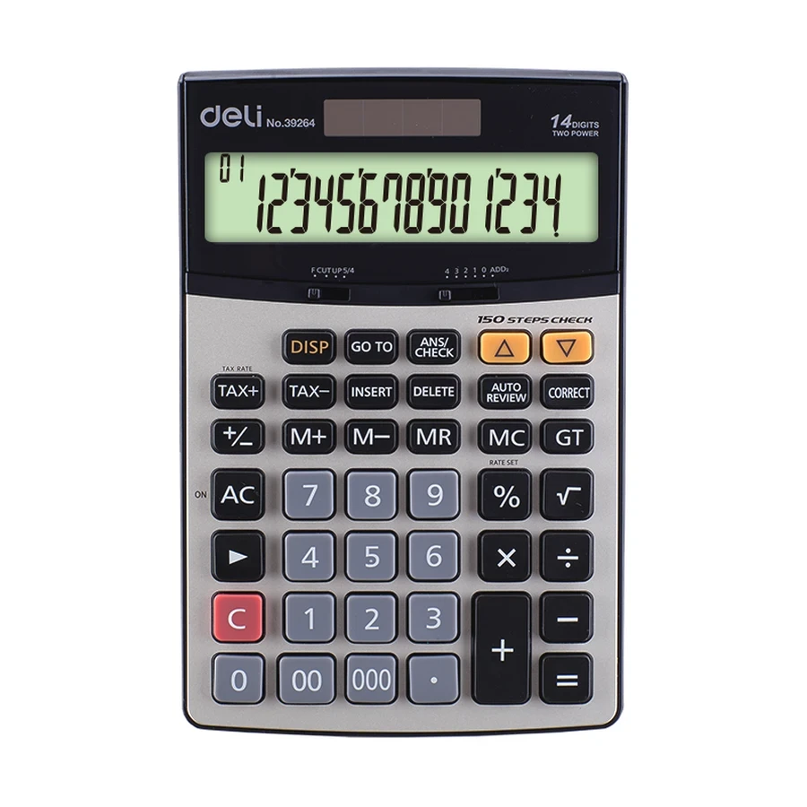 Deli E39264 Professional Desktop Calculator - 14 Digits, 150 Steps Check Function, Black and Silver Finish