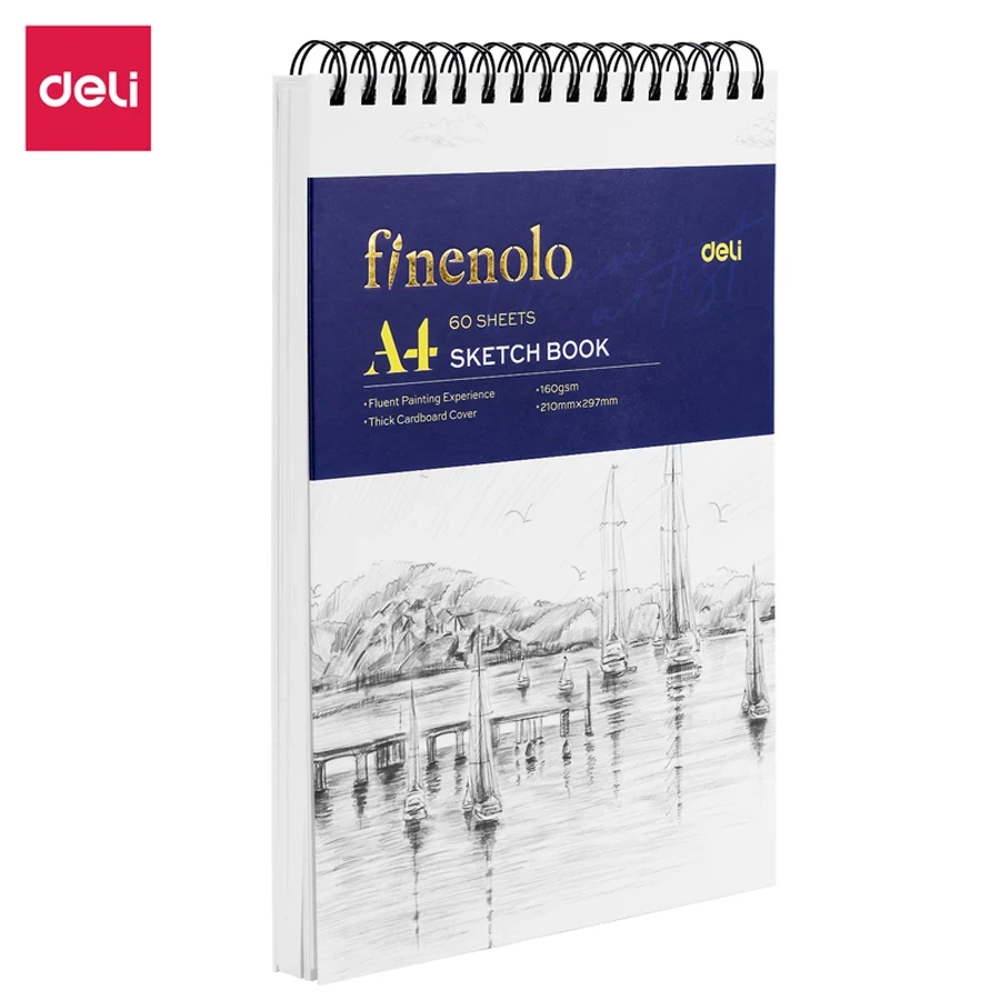 Deli Finenolo EC276 A4 Sketchbook - 160gsm Professional Fine Texture Paper, 60 Sheets, Vertical Hard Backing for Drawing and Illustrating
