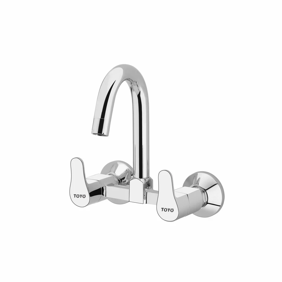 TOYO EM-51219 Wall Mounted Sink Mixer - Regular Swinging Spout, Dual Brass Handles, CP Chrome Finish