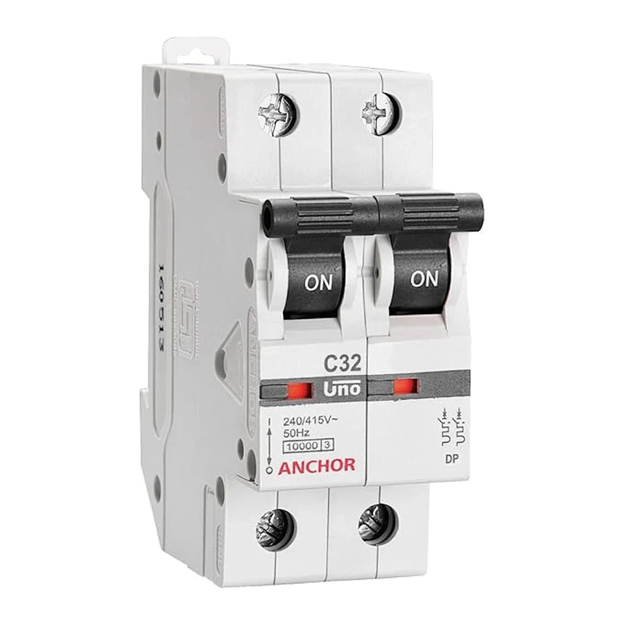 Anchor UNO DP MCB 10A 'C' Curve 98018 - Double Pole, Low Current Capacity, DIN Rail Mount Standard Circuit Breaker