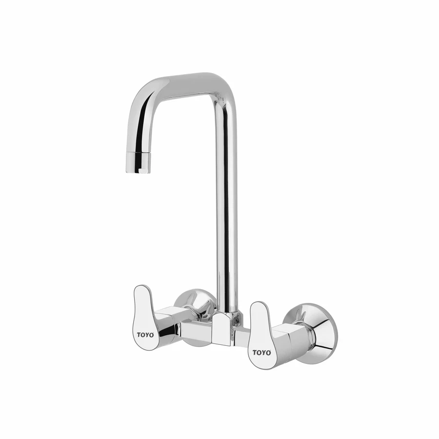 TOYO EM-51220 Wall Mounted Sink Mixer - Long Extended Swinging Spout, Dual Brass Handles, CP Chrome Finish