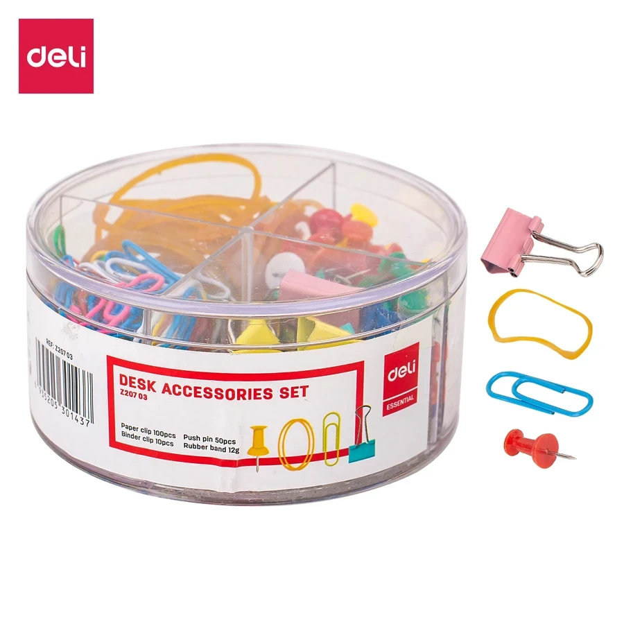 Deli EZ20703 4-in-1 Office Stationery Set - Includes 50 Push Pins, 10 Binder Clips, 100 Paper Clips & 40 Rubber Bands in a Handy Storage Pot
