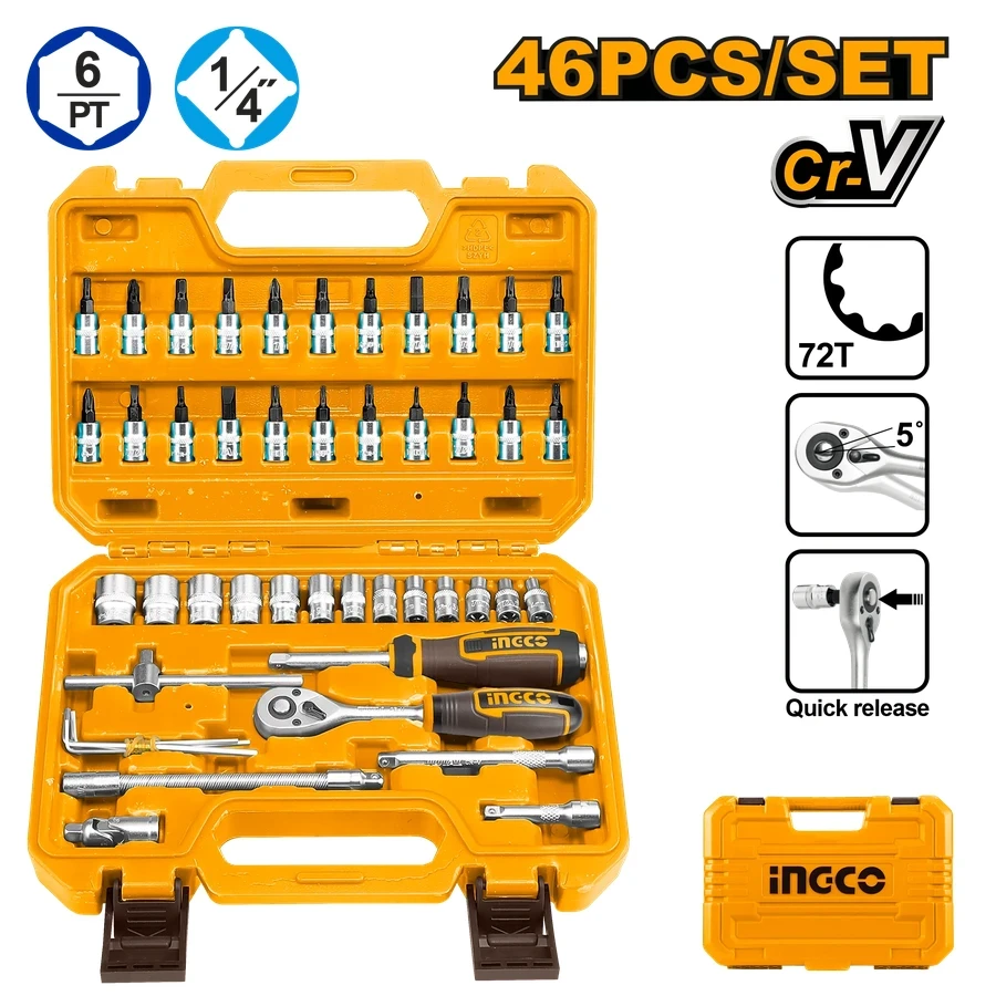 Professional 46 Pcs 1/4" Socket Set | HKTS14462 | High-Quality 50BV30 Cr-V Steel