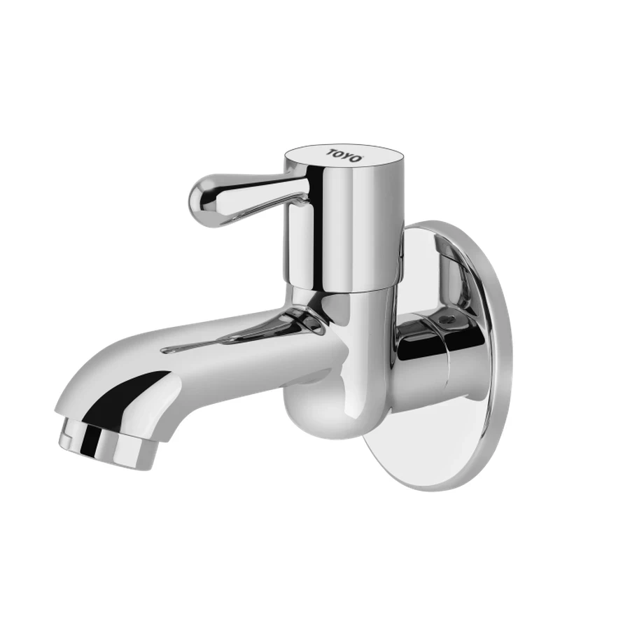 TOYO BE-51602 Long Body Bib Cock - Extended Reach, Brass Handle, Wall Flange, CP Chrome Finish