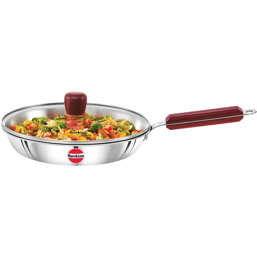 Hawkins SSF24G 1L Tri-Ply Stainless Steel Fry Pan with Glass Lid | 3mm Extra Thick | Rosewood Handle | Induction & Gas Compatible