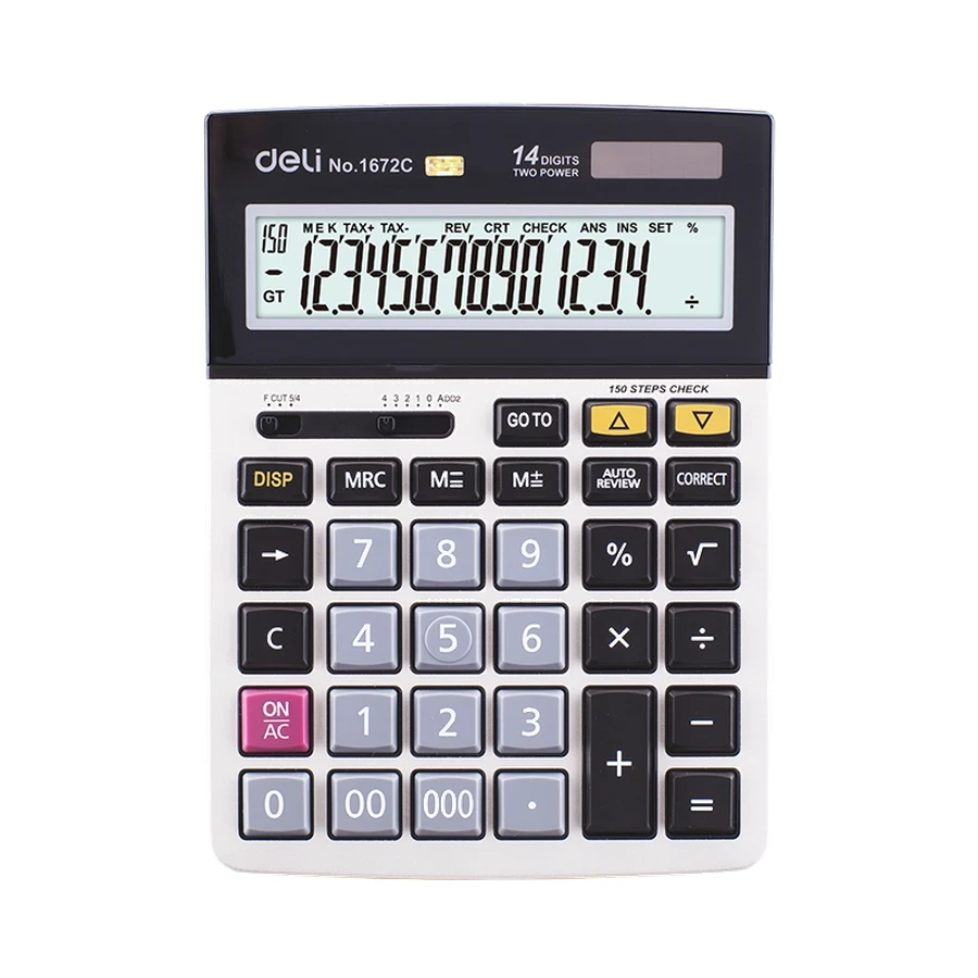 Deli E1672C Professional Desktop Calculator - 14-Digit Capacity, 150 Steps Check, Dual Power (Solar/Battery), Metal Finish