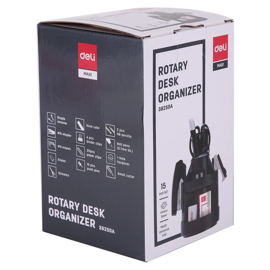 Deli E38250A Compact Rotary Desk Organizer Set - 5 Compartments, Includes 14 Stationery Accessories, Black