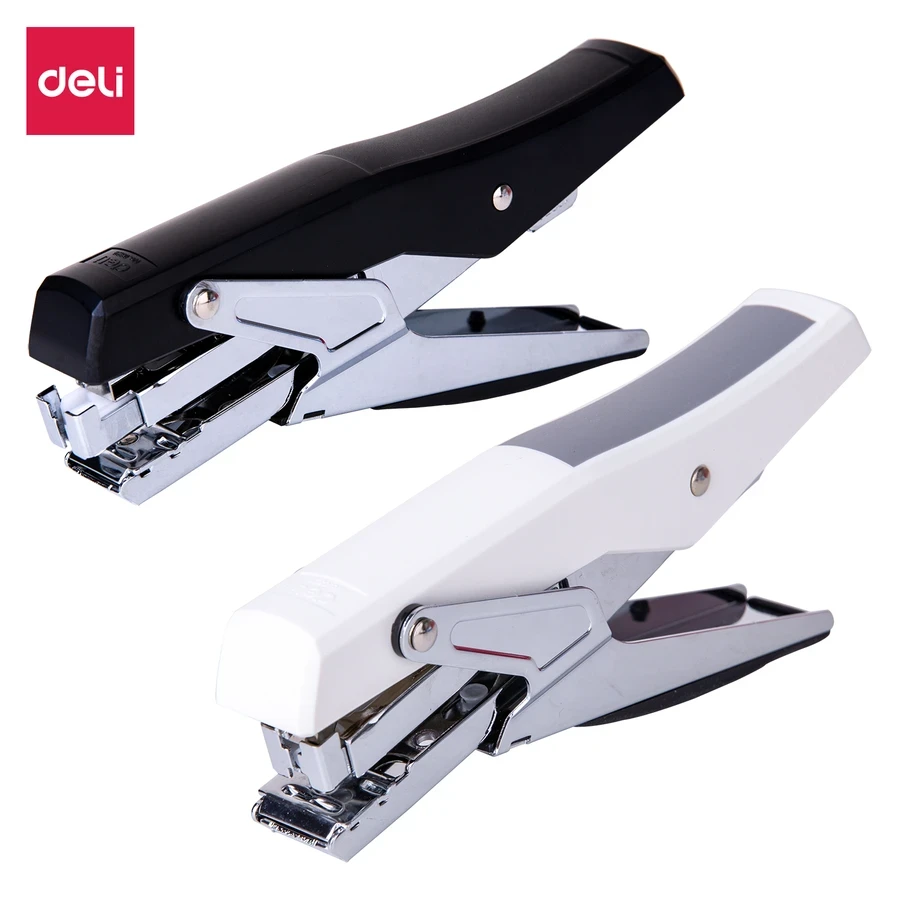 Deli E0329 Plier Stapler - 25 Sheet Capacity, Rotatable Anvil, 40 mm Throat Depth, and Front Loading (Black & White)