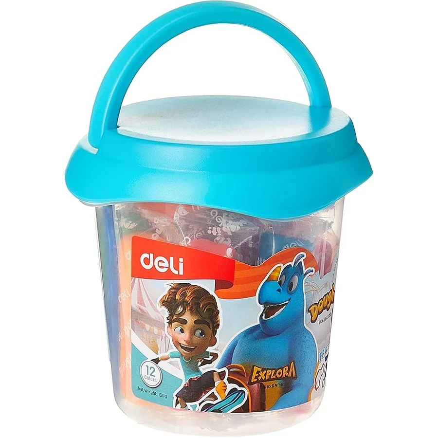 Deli ED75346 12-Color Bucket Playdough Set - Bright and Vivid Colors, Clay Material, Includes Mold for Kids 5+