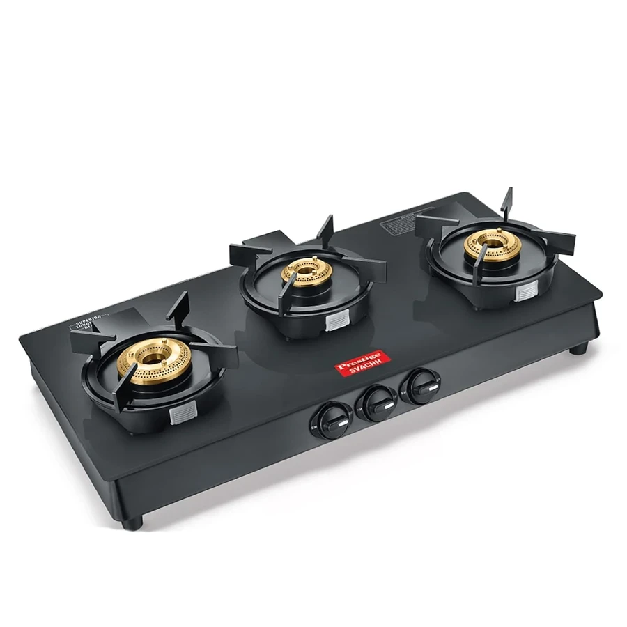 Prestige 40387 Svachh Gas Stove GTSB03 | 3 Brass Burners | 8mm Toughened Glass | Liftable Burner for Easy Cleaning | Black