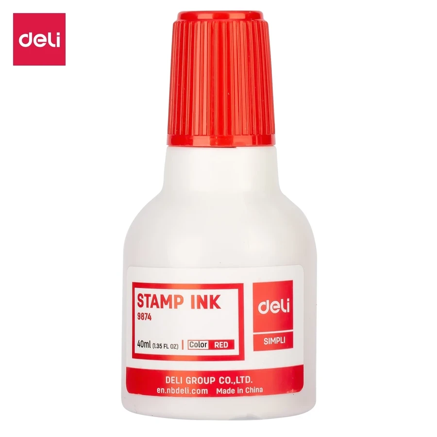 DELI E9874 Fast Dry Stamp Ink - 40 ML Capacity, Red Color, High-Quality Refill Ink in Poly Bottle for Office Use
