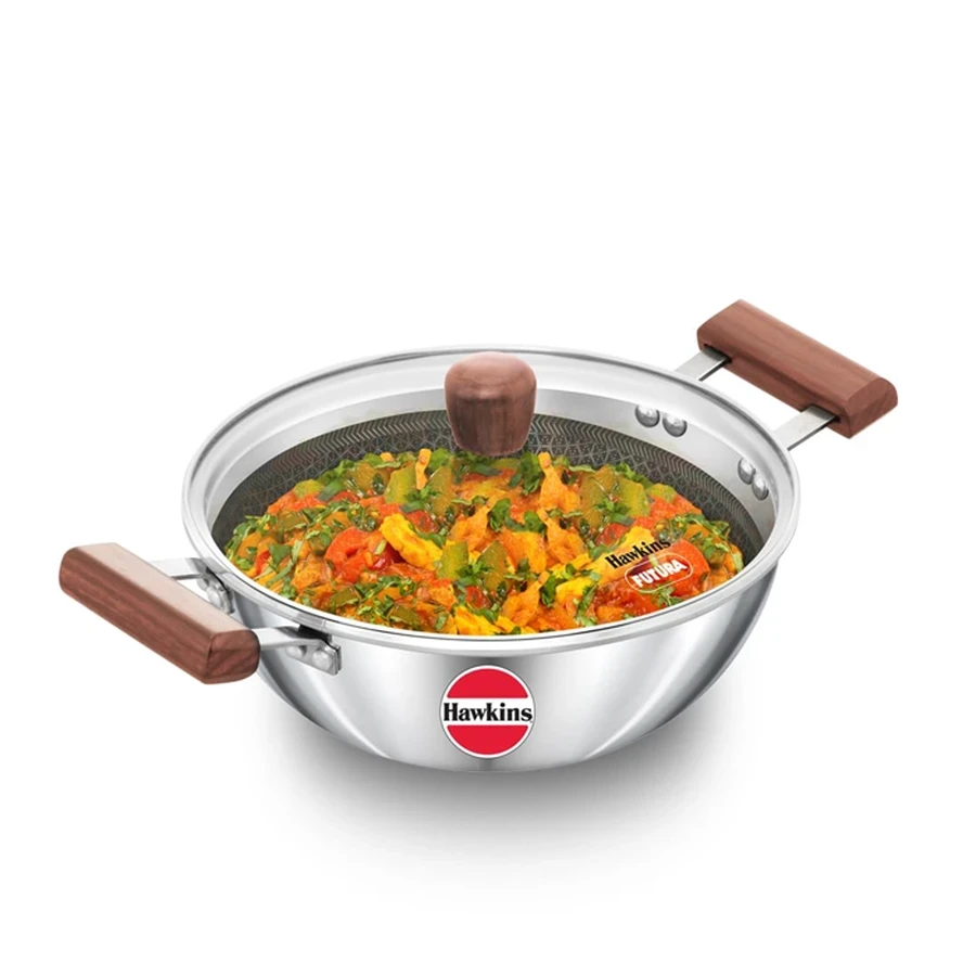 Hawkins NSDK25G 2.5L Tri-Ply Stainless Steel Shielded Nonstick Kadhai with Glass Lid | 18 cm | Metal Spatula Friendly | Induction & Gas Compatible