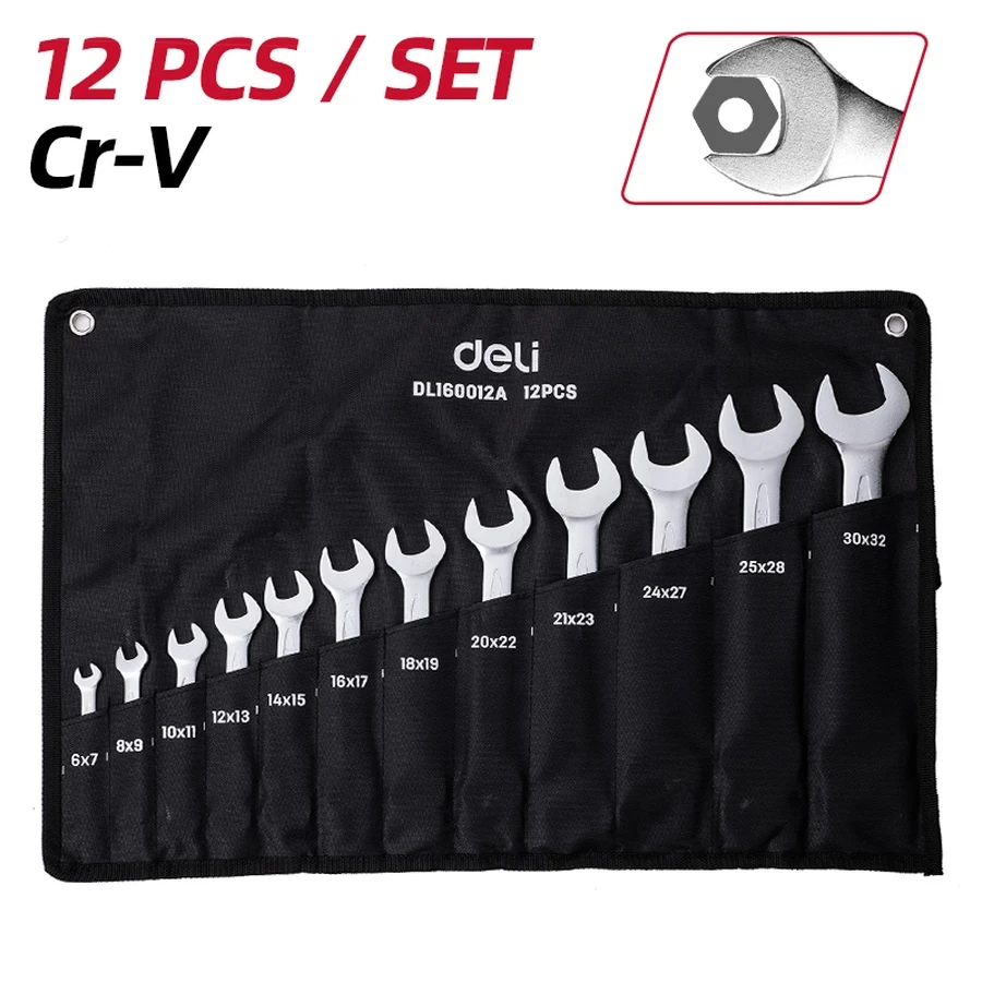 EDL160012A Double Open End Spanner Set 12 PCS - Carbon Steel, Chrome Plated, Mist Surface Finish, Roll-Up Oxford Bag Storage (Silver)