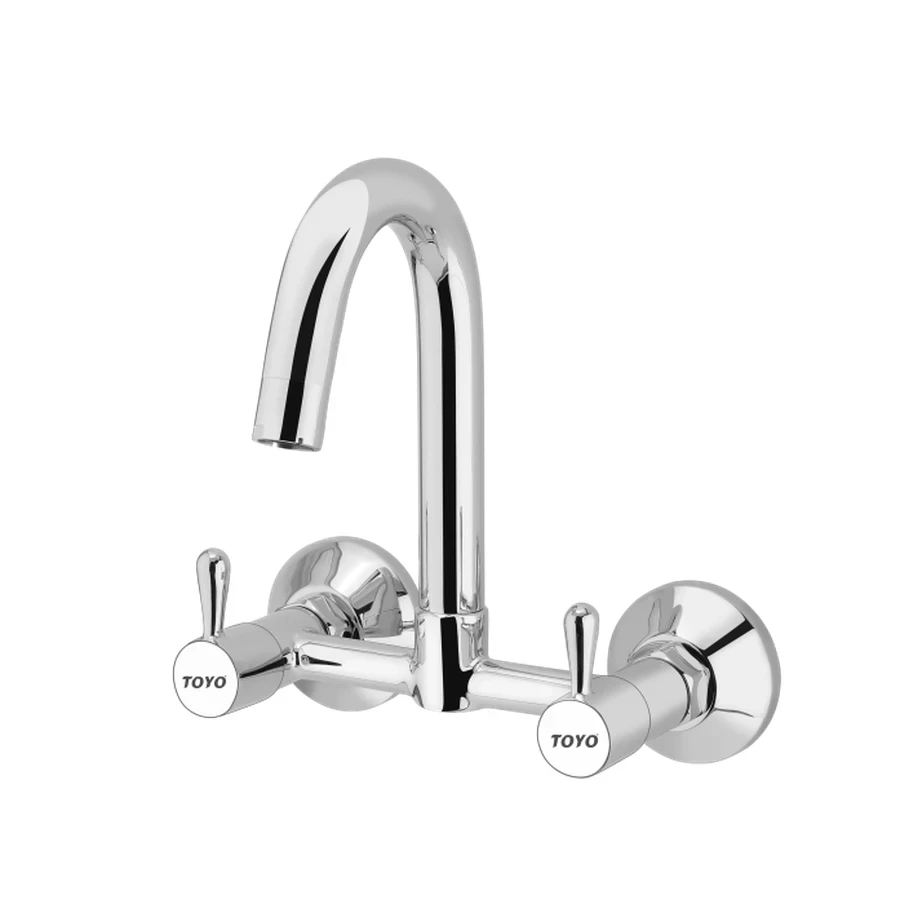 TOYO BE-51619 Wall Mounted Sink Mixer - Regular Swinging Spout, Dual Brass Handles, CP Chrome Finish