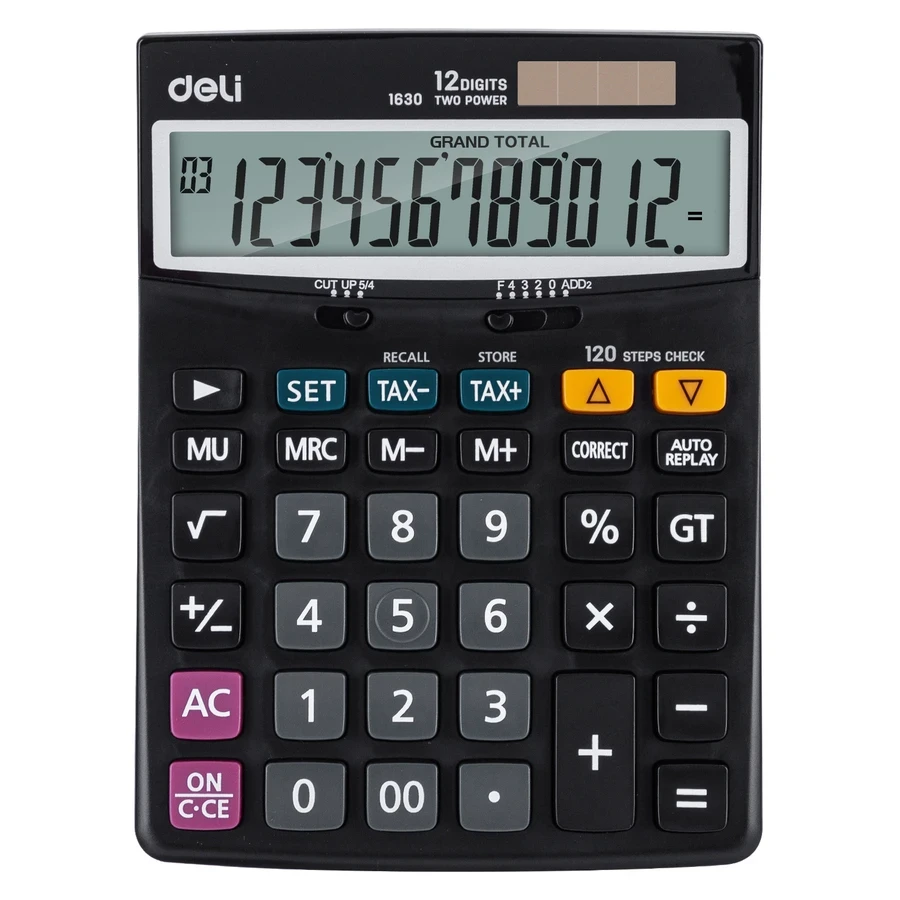 Deli E1630 Desktop Calculator - 12 Digits, Tax Function (Tax+ / Tax-), 120 Steps Check, Metal Finish (Black)