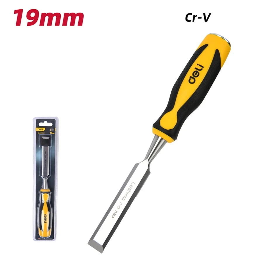 EDL6219-E1 Professional Wood Chisel 19mm (Approx. 3/4 Inch) - Heat Treated Blade, Ergonomic PP+TPR Handle, Ideal for Detail Paring and Joint Work (Yellow)