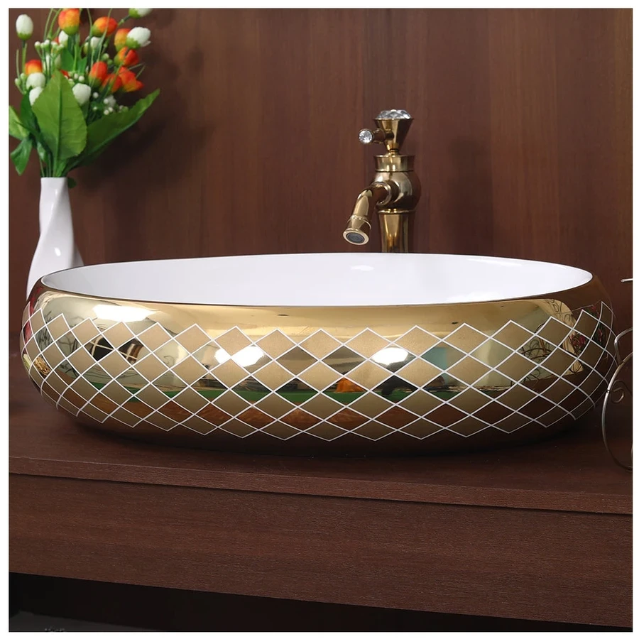 TOYO ROSE 112 Wash Basin - Large White & Rose Gold Finish (600 x 400 mm, 24x16 Inch)