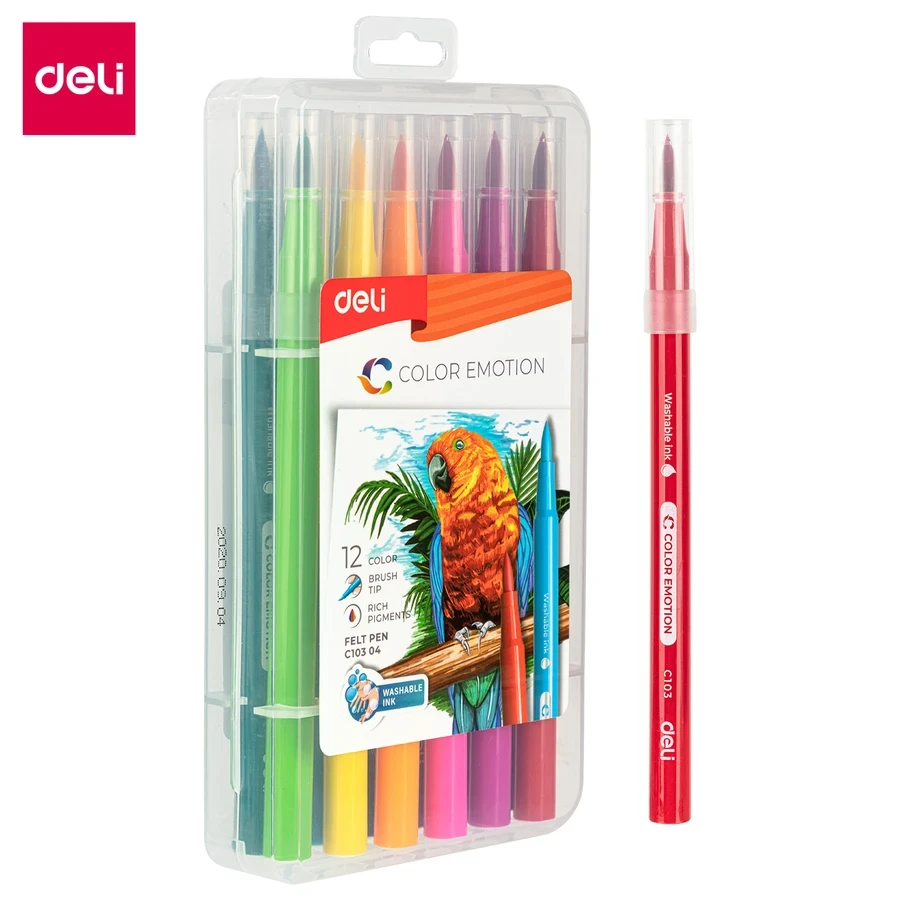 Deli 12-Color Super Washable Watercolor Felt Pens | Flexible 1.0–8.0mm Brush Tip | EC10304