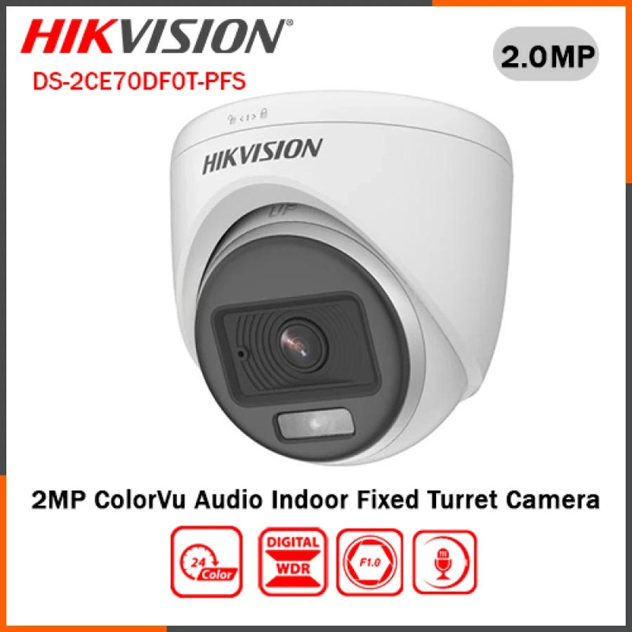Hikvision 2MP ColorVu Indoor Turret Camera | 24/7 Full Color | Built-in Mic | Audio Over Coax | DS-2CE70DF0T-PFS