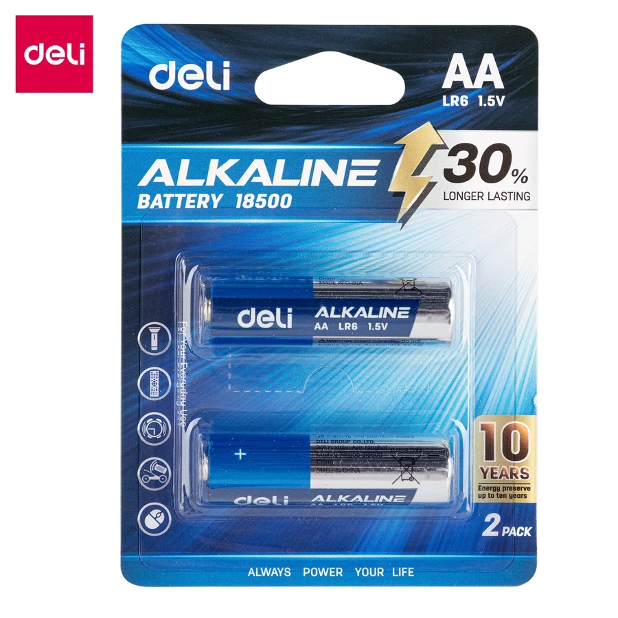 Deli E18500 AA LR6 Alkaline Battery (2 Pack) - 1.5V Power, 10-Year Shelf Life, Designed for Remote Controls and Toys