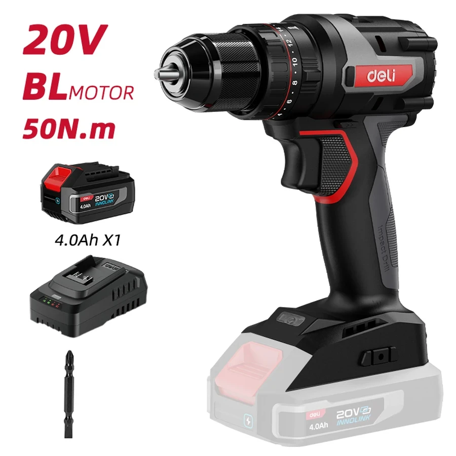EDE-CZ20-2A4 Cordless Brushless Hammer Drill 20V - 50 N.m Torque, 30,600 BPM Impact, 4.0Ah Large Battery, TPM Heat Management (Professional Red)