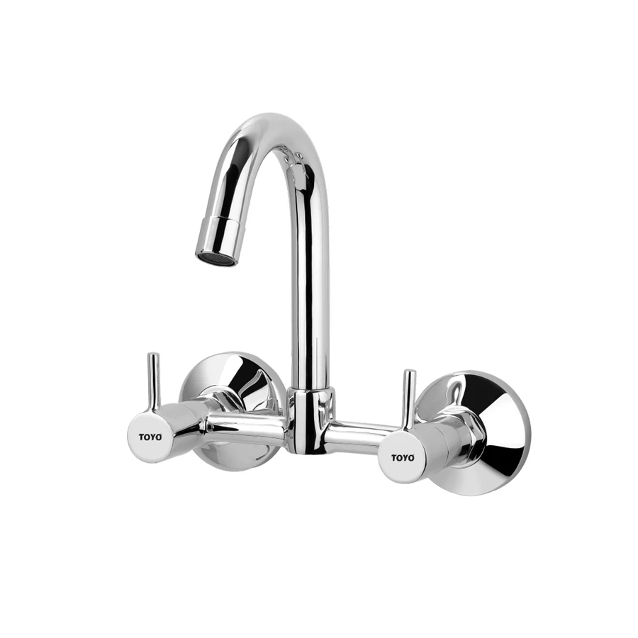 TOYO RU-51319 Wall Mount Sink Mixer - Regular Swan Neck, Premium Brass, Swinging Spout, CP Chrome Finish