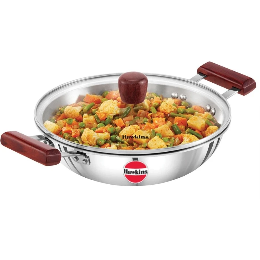 Hawkins SSD25G 2.5L Tri-Ply Stainless Steel Deep Fry Pan (Kadhai) with Glass Lid | 26 cm | Rosewood Handles | Induction & Gas Compatible