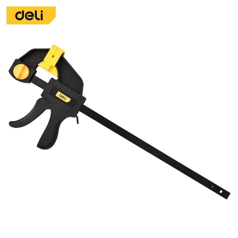 EDL110112 Quick Bar Clamp 12" (300mm) - Trigger-Type Fast Action, 90N Clamping Force, Rubber Chuck for Non-Marring Grip, A3 Steel Bar (Yellow/Black)