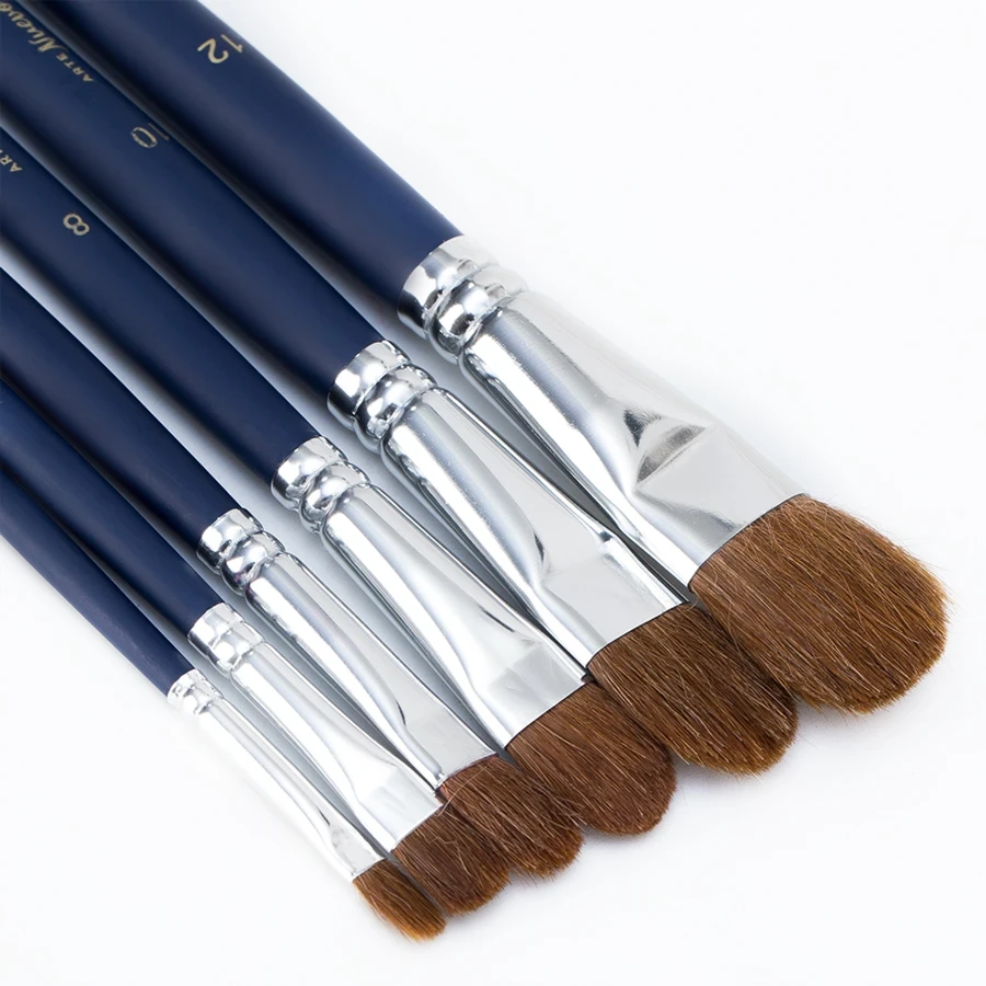 Deli 73895 Tongue-Shaped Mixed Hair Brush Set - Blue Professional Filbert Brushes for Blending, Shading, and Detailed Art Projects