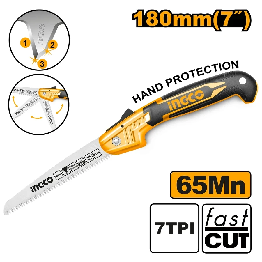 INGCO 7" Compact Folding Saw | 65Mn Manganese Steel | Triple Edge Teeth | HFSW18028C