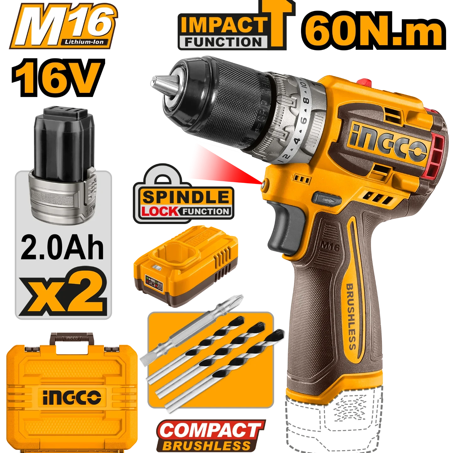 Compact Brushless Cordless Impact Drill | CIDLI16682 | 16V Max | 60Nm High-Torque