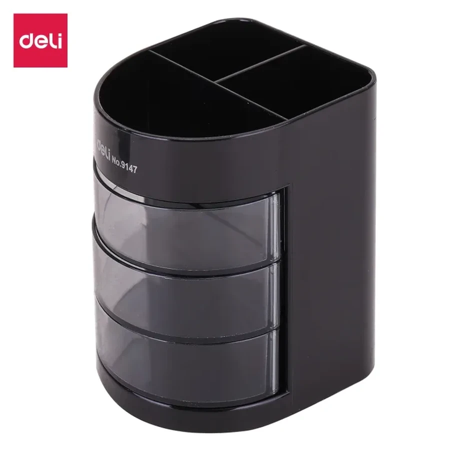 Deli E9147 Desk Organizer / Pen Holder - 3 Compartments, 3 Drawers, Durable GPPS Plastic, Black (86x86x103mm)