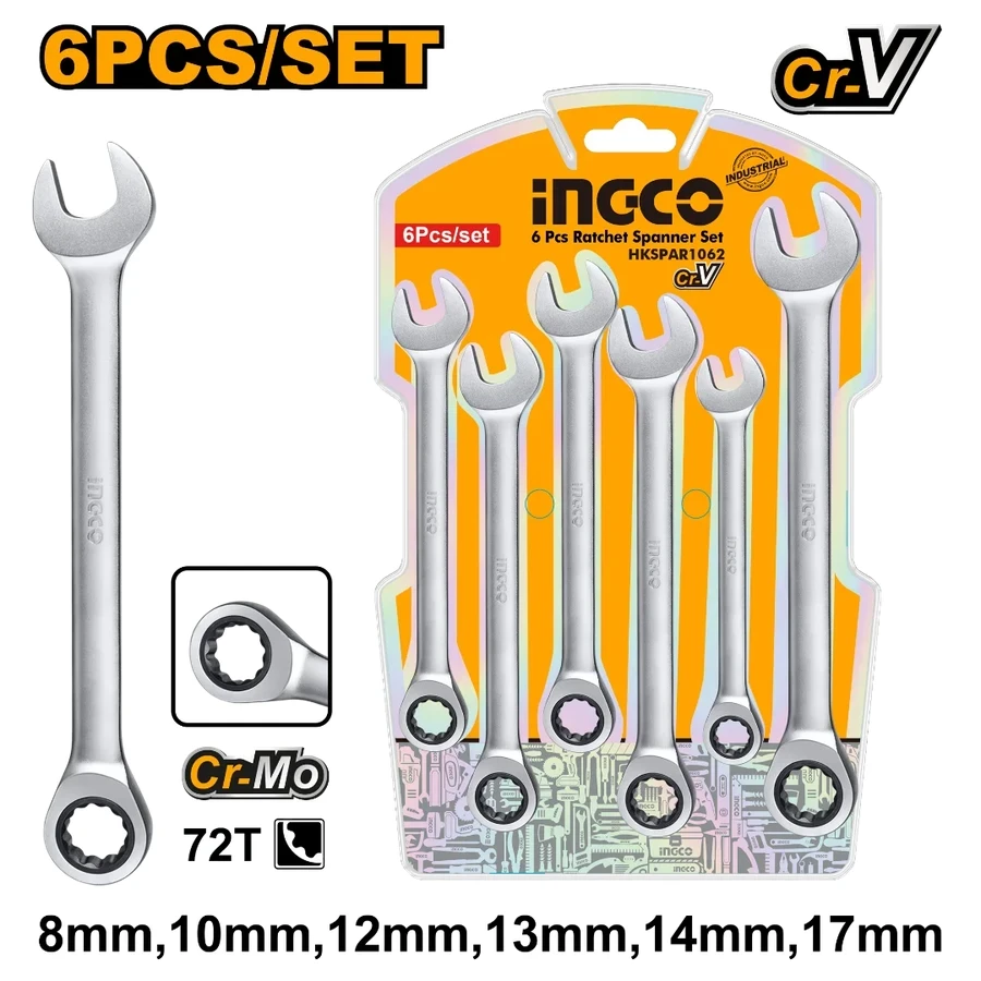 Professional 6 Pcs Ratchet Spanner Set | HKSPAR1062 | Cr-V & Cr-Mo | 8-17mm