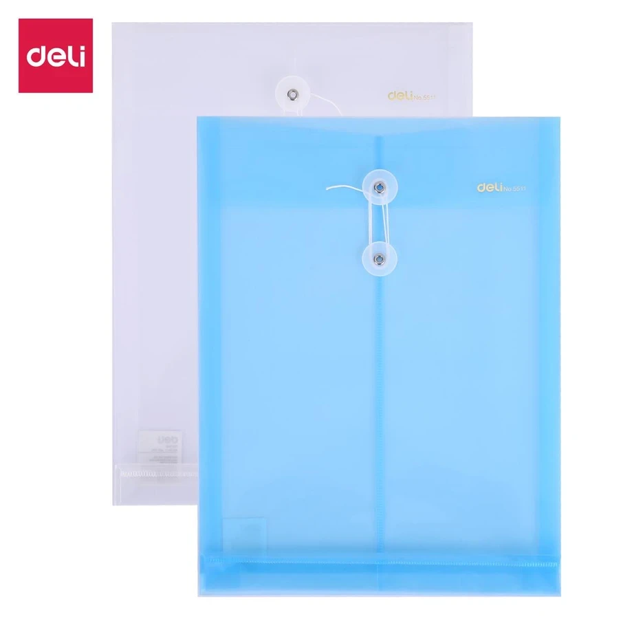 Deli E5511 Expandable File Bag (A4) - Vertical, 0.18mm PP Material, Secure String Closure (Translucent Blue/Transparent)