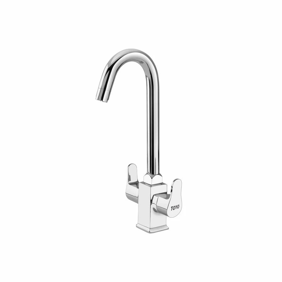 TOYO EM-51221 Centre Hole Sink Mixer - Regular Swan Neck, 3/4 Inch Connection, Brass Handle, CP Chrome Finish