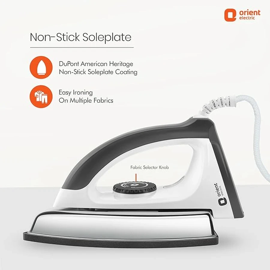 Orient Ultimate Dry Iron 1000W - Metal Soleplate, Fast Heat-Up, Precise Temperature Control for Everyday Ironing (White & Grey)