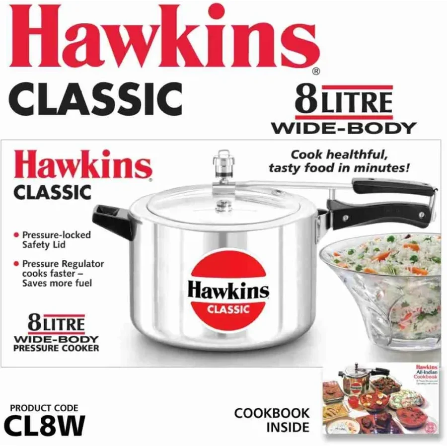 Hawkins CL8W 8L Classic Wide Pressure Cooker | Pure Virgin Aluminium | Inside-Fitting Safety Lid | Broad Base Design | Mirror Polished Silver