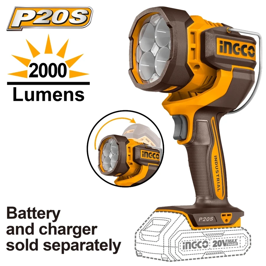 INGCO Cordless LED Work Lamp | 2000 Lumens High Intensity | 130° Swivel Head | CWLI2088