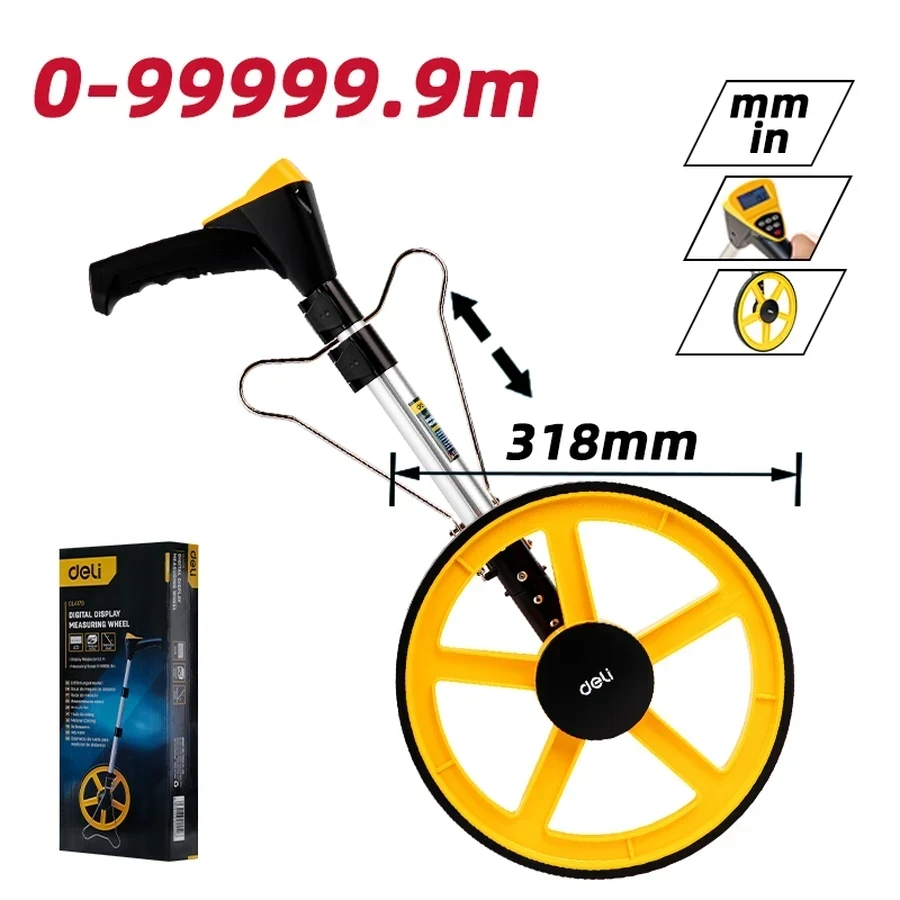 EDL4179 Professional Digital Distance Measuring Wheel 300mm (12.5") - Large LCD Display, 5 Data Storage Sets, 3-Stage Aluminum Folding Handle (Yellow)