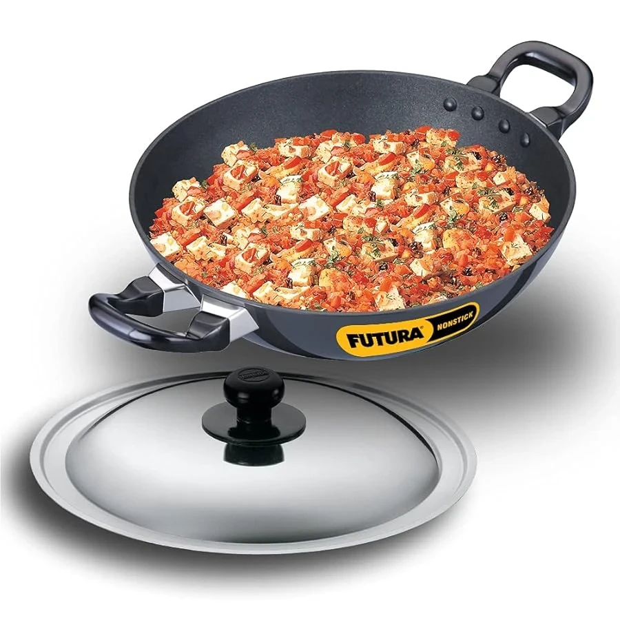 Hawkins NK25S Nonstick Deep Fry Pan (Kadhai) | 2.5 Liters | Round Bottom | Hard Anodised | Stainless Steel Lid | Black